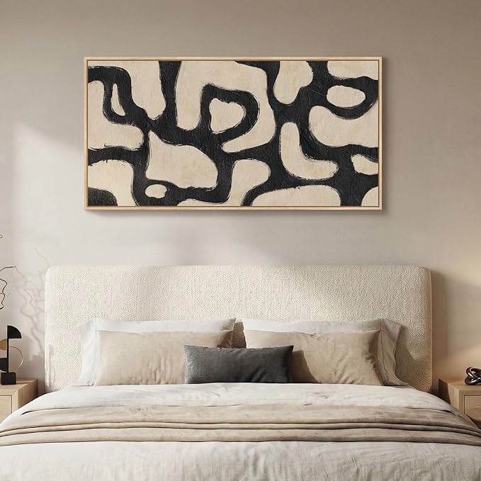 Framed Abstract Neutral Horizontal Wall Art Bedroom, Large Abstract Canvas by MXART