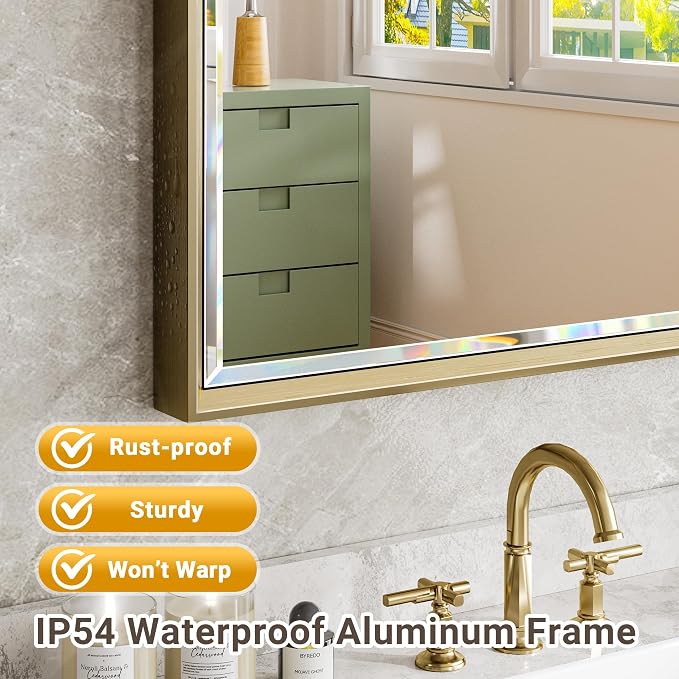 60 x 36 Gold Bathroom Mirror, Brushed Gold Beveled Bathroom Mirror, - Image 5