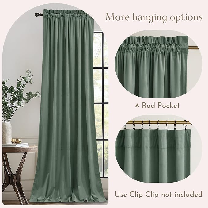 NICETOWN Green Velvet Curtains 96 inches Long 2 Panels - Image 4