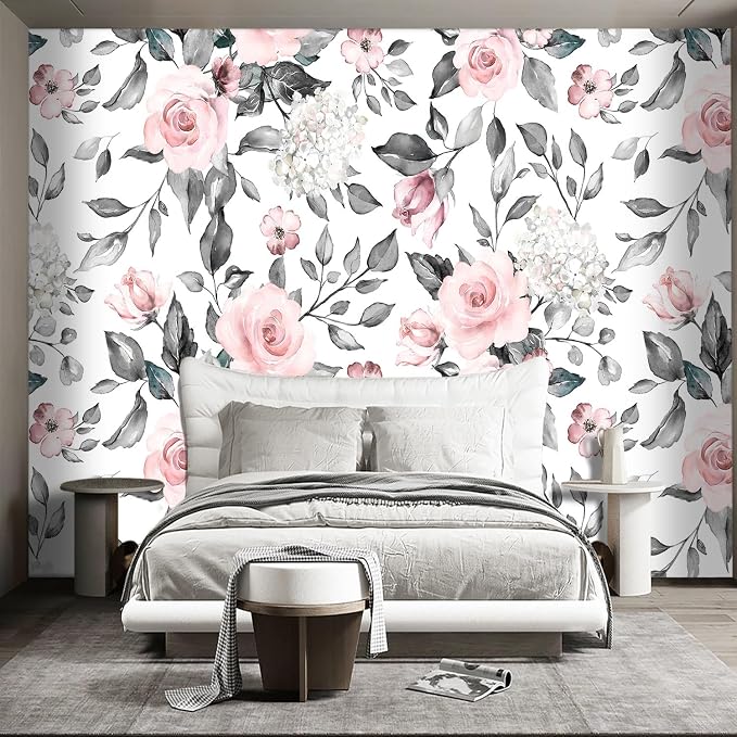 Grey Leaf Pink Flowers Mural Bedroom Floral Wallpaper Room Decor Living Room tv - Image 2