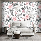 Grey Leaf Pink Flowers Mural Bedroom Floral Wallpaper Room Decor Living Room tv - Image 2