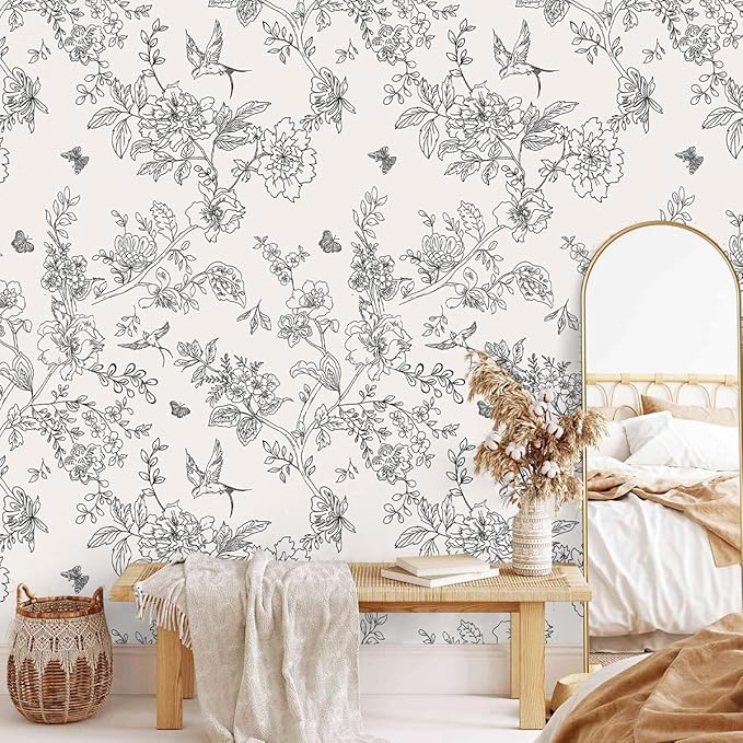 Froluya Black and Cream White Floral Wallpaper Peel and Stick Wallpaper - Image 2