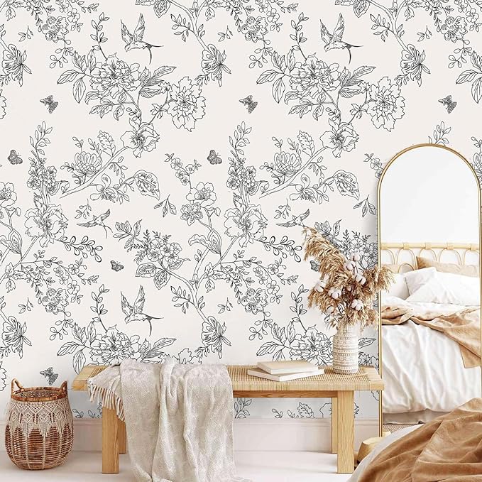 Froluya Black and Cream White Floral Wallpaper Peel and Stick Wallpaper - Image 2
