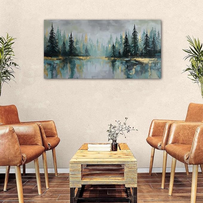 Green Forest Wall Art Vintage Fog Pine Trees Landscape Wall Decor Nature Green - Image 3
