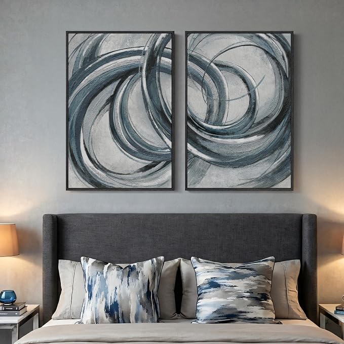Framed Blue Gray Abstract Wall Art Set of 2, Modern Circle Line Canvas Artwork - Image 8
