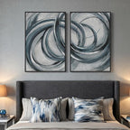 Framed Blue Gray Abstract Wall Art Set of 2, Modern Circle Line Canvas Artwork - Image 8