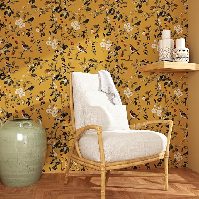 Laatse Vintage Bird Wallpaper 17.5"x118" Yellow Chinoiserie Floral Wallpaper - Image 4