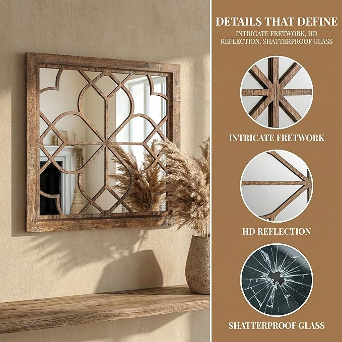 Set of 2 18 Inch Large Square Redbrown Window Pane Wall Mirrors, Shatterproof - Image 4
