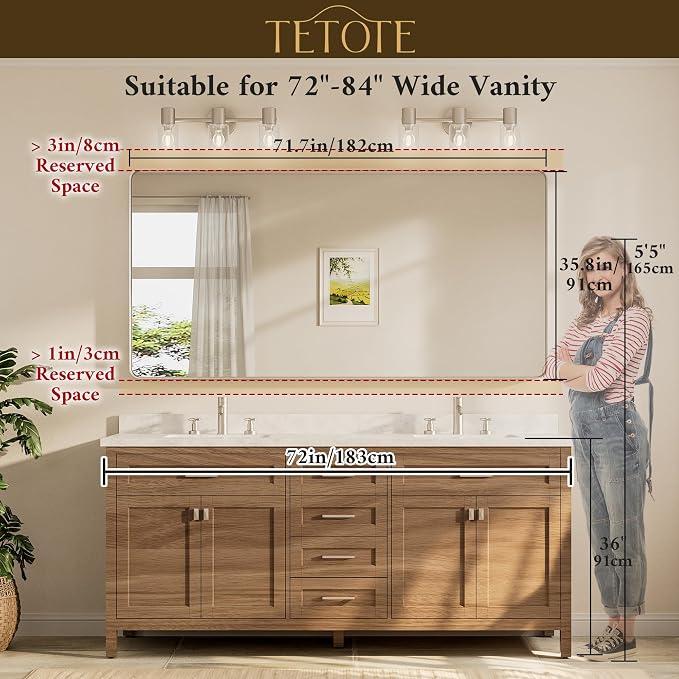 TETOTE 72 x 36 Inch Brushed Gold Bathroom Mirror, Rectangle Metal Frame - Image 8