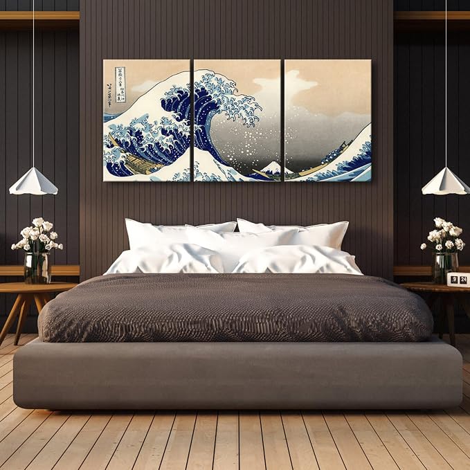 Wieco Art Great Wave of Kanagawa Katsushika Hokusai 3 Piece Modern Canvas - Image 2