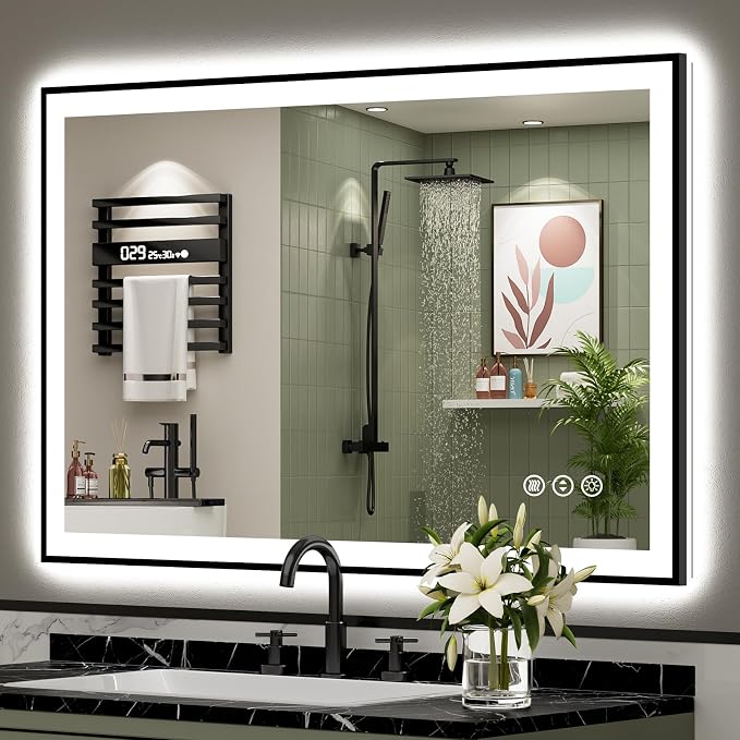 44x32 Black Framed LED Bathroom Mirror by Awandee