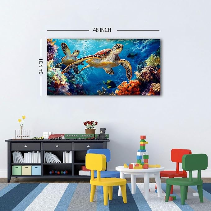 Sea Turtle Wall Art for Living Room Ocean Bathroom Decor Colorful Fish Coral - Image 2