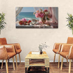 Vintage Pink Flower Wall Art Retro Flowers in Golden Vase Pictures Blue Ocean - Image 3
