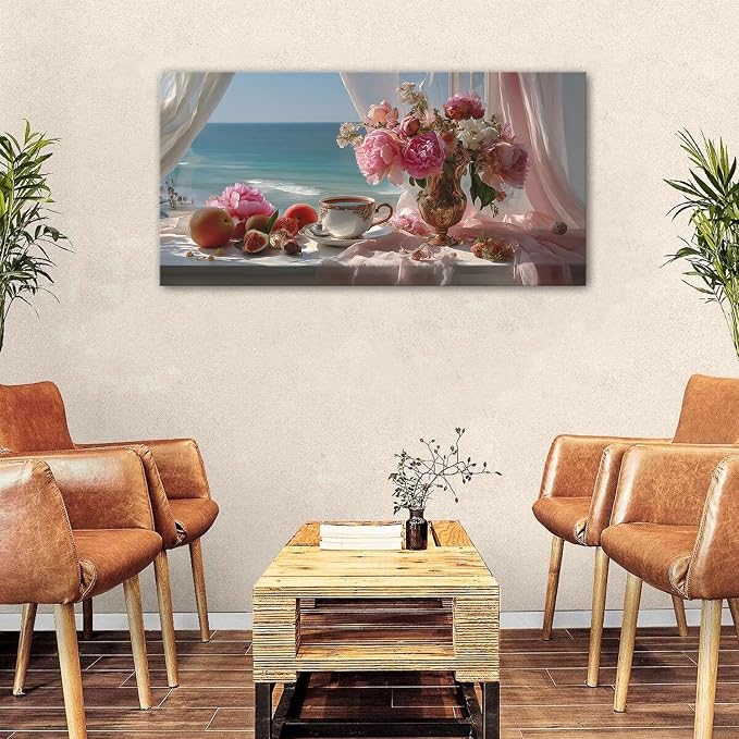 Vintage Pink Flower Wall Art Retro Flowers in Golden Vase Pictures Blue Ocean - Image 3