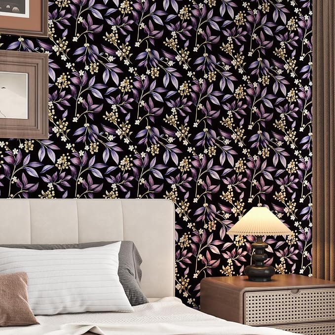 Extra Long Vintage Purple Leaves Wallpaper, 17.5In x 393In Black Botanical - Image 2