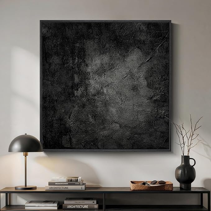 Large Framed Black Abstract Wall Art, Modern Square Canvas Painting Artwork by Cuspin