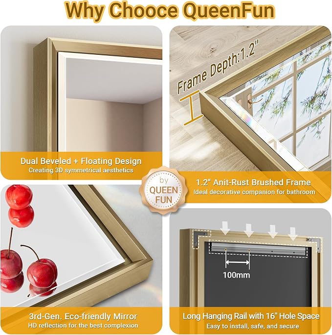 Gold Bathroom Mirror, 22x30 Brushed Gold Bathroom Mirror Beveled Edge, - Image 8