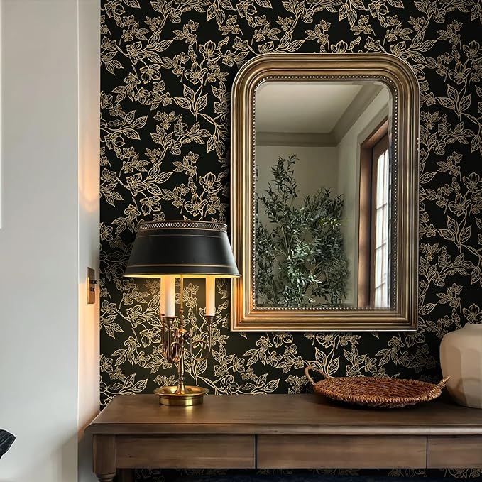 Ismoon Peel and Stick Wallpaper Black and Gold Stick on Wallpaper Dark Floral - Image 5