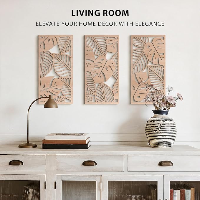VIYYIEA Boho Solid Wood Carved Wall Art Set of 3, Geometric Minimalist Wooden - Image 4