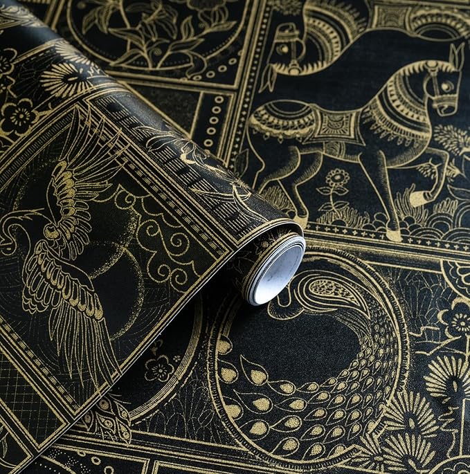 Erfoni 394"x17.7" Vintage Peel and Stick Wallpaper Black and Gold Contact Paper by Erfoni