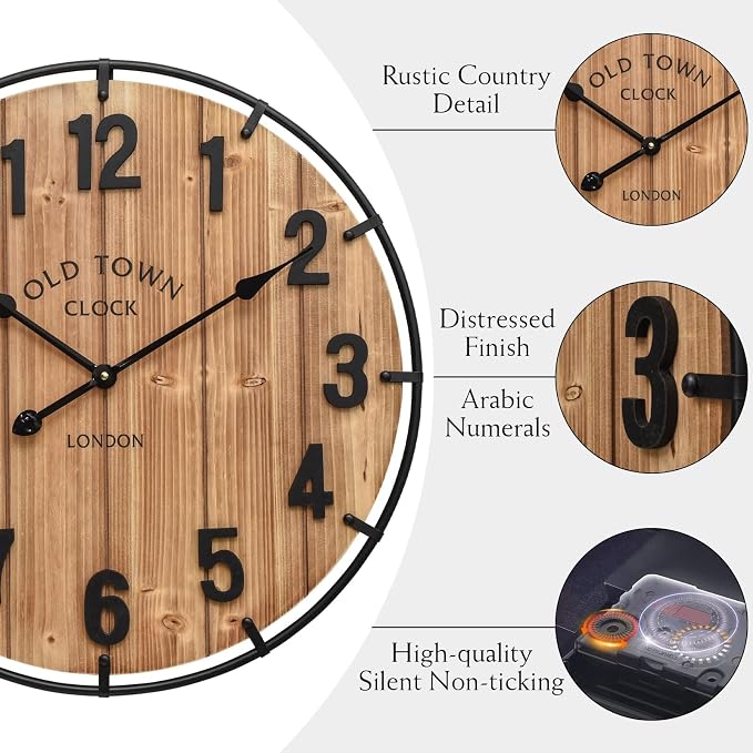 EMAX HOME Large Old Town Farmhouse Wall Clock 24 Inch Rustic Antique Wood - Image 7
