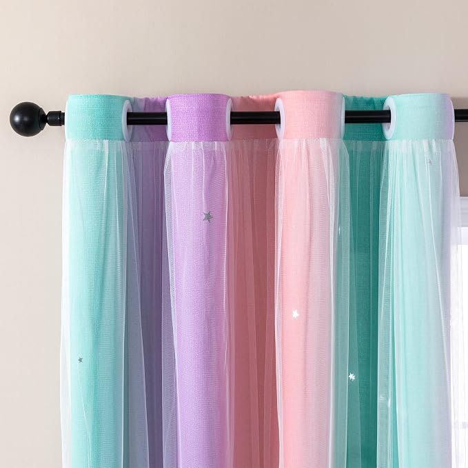 XiDi Curtains for Bedroom Decor, Rainbow Pink Purple Green 62/96/1 - Image 2