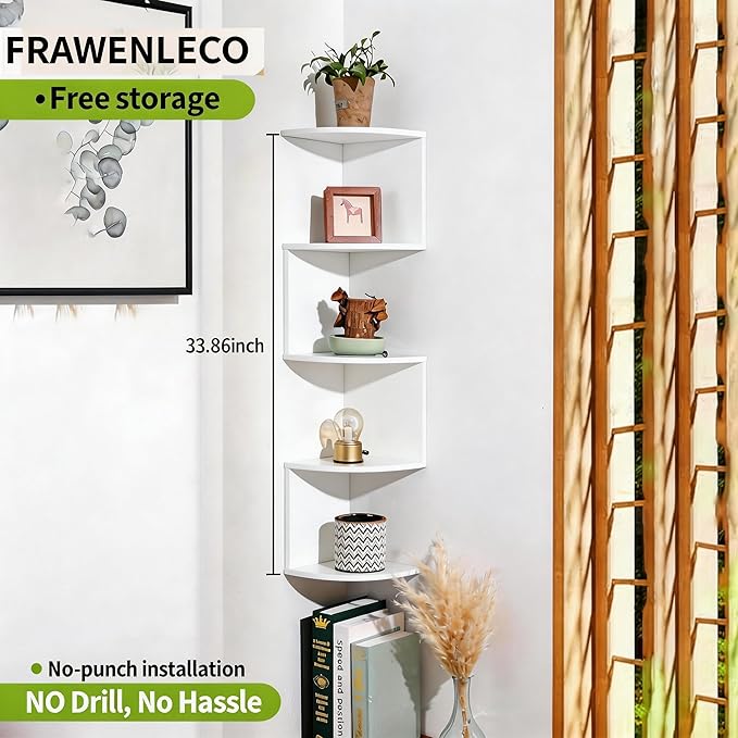 No-Drill Modern Corner Shelf Wall Mount, 5-Tier Floating Storage Rack, Corner - Image 3