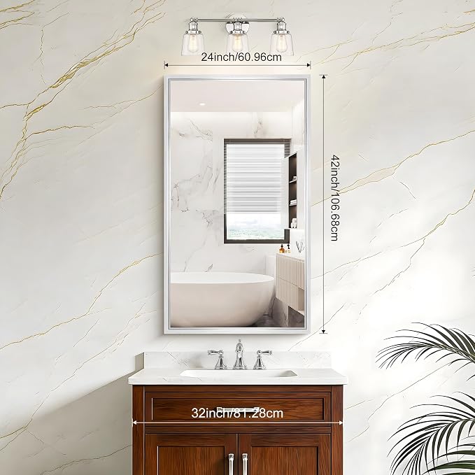 42x24 Silver Bathroom Mirror, Brushed Silver Rectangular Mirror - Image 7