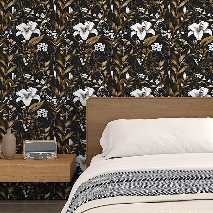 Laatse Black Gold Wallpaper Peel and Stick, Dark White Floral Vintage Contact - Image 6