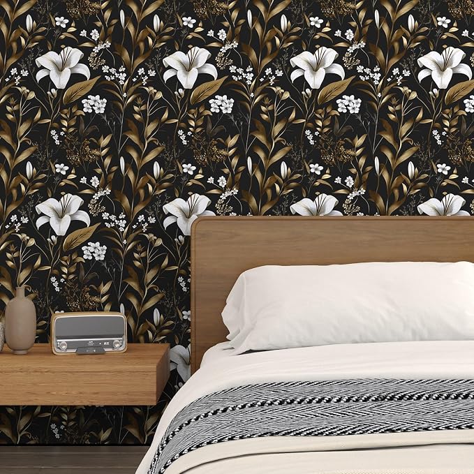 Laatse White Floral Wallpaper Peel and Stick, Dark Golden Botanical Wall Paper - Image 8