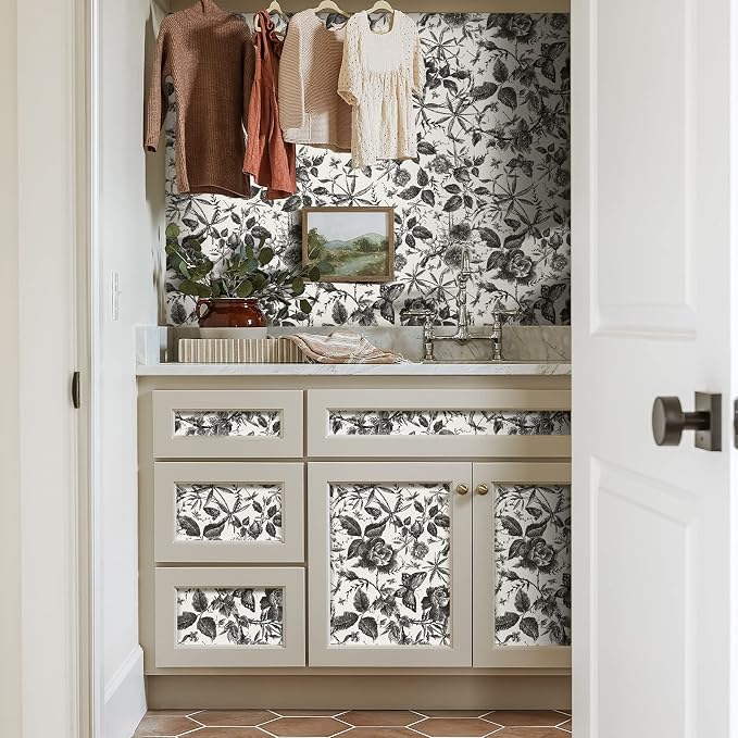 JiffDiff Floral Vintage Wallpaper Peel and Stick Wall Stick Black and White - Image 3