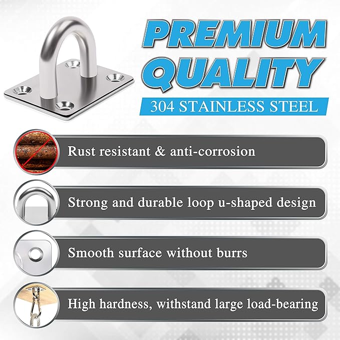 PAMAZY 4 PCS M6 Premium Heavy Duty Square Stainless Steel Pad Eye Hooks + 4PCS - Image 4