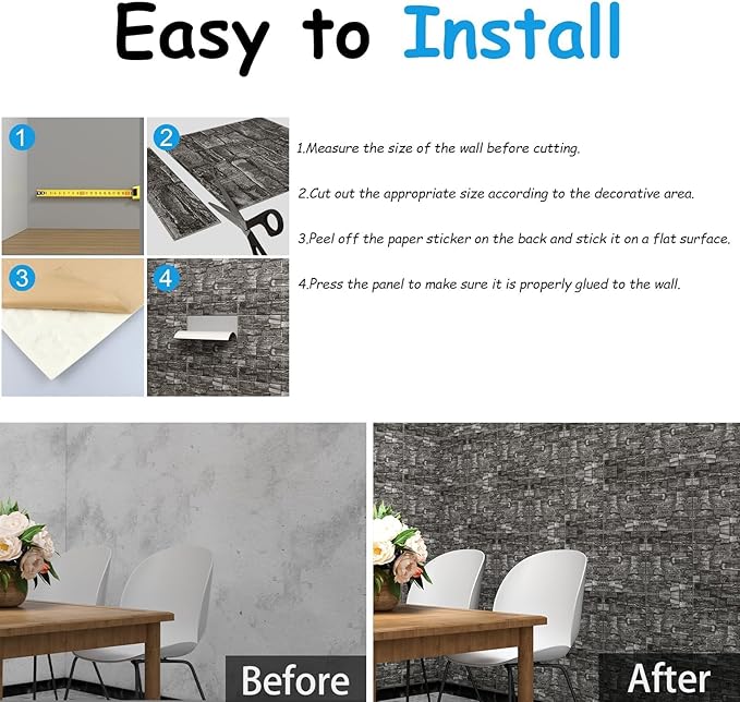 3D Wall Panels Peel and Stick in Black Grey Stone, Textured Faux Brick Wall - Image 3