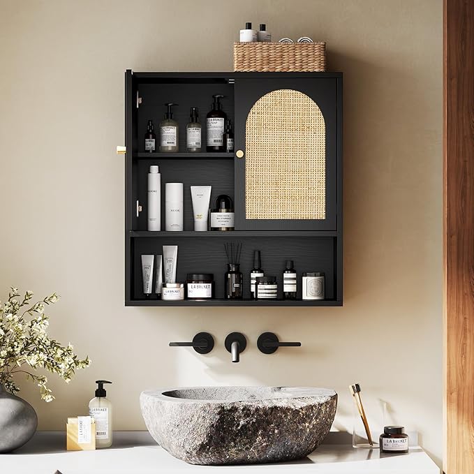 VINGLI Black Rattan Medicine Cabinet Wall Mounted, Arched Modern Farmhouse - Image 10