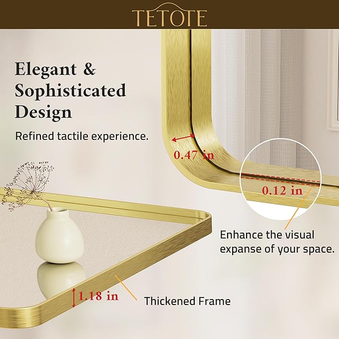 TETOTE 55 x 36 Inch Bathroom Mirror, Brushed Brass Gold Vanity Mirror, Modern - Image 5