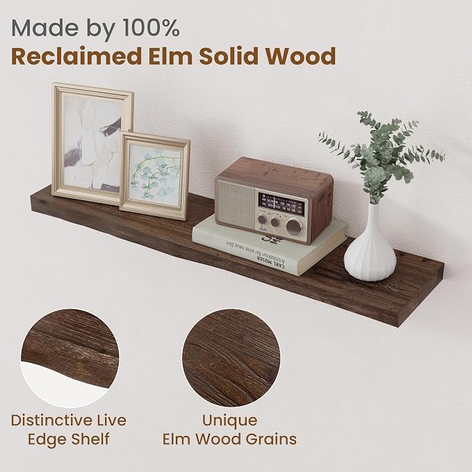 Floating Shelves for Wall Decor, Rustic Solid Elm Wood Live Edge Floating - Image 3