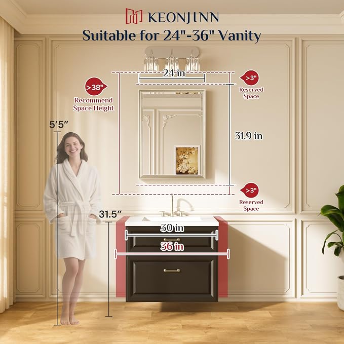Keonjinn Brushed Nickel Bathroom Mirrors 24" x 32", HD Tempered Glass - Image 2