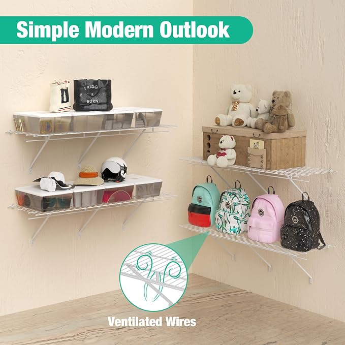 HAUSHOF Closet Shelves Wall Mounted 2-Pack, 4ft x 16in White Metal Wire Shelving - Image 6
