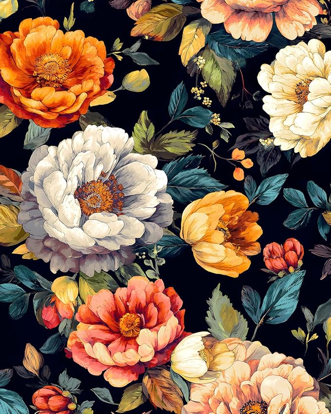 BOKEBEVE Peel and Stick Wallpaper Vintage Colorful Big Floral Wallpapers by BOKEBEVE