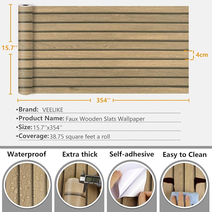 VEELIKE Slat Wood Contact Paper Wood Wallpaper Peel and Stick - Image 9