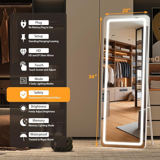 Hasipu Full Length Mirror with Lights, Full Body Dressing Standing, Hanging - Image 2