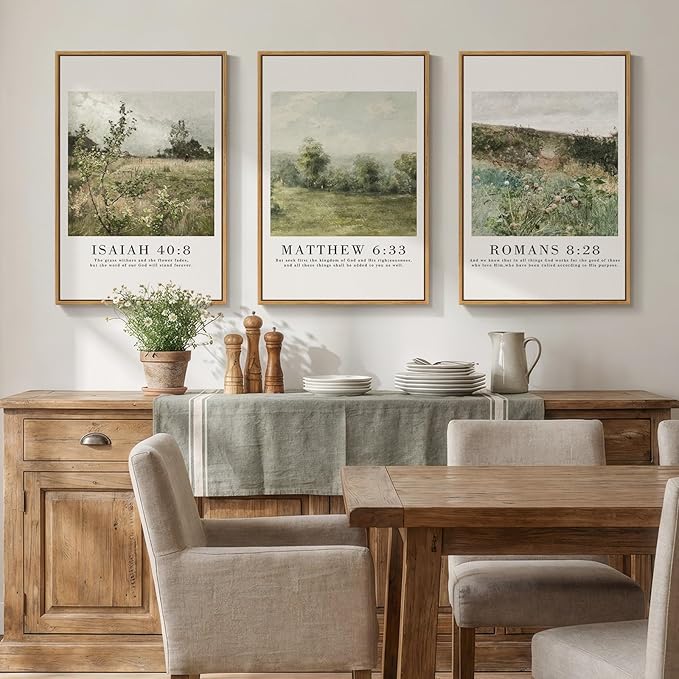 Framed Vintage Christian Wall Art Set of 3, Rustic Wildflower Landscape Bible - Image 3