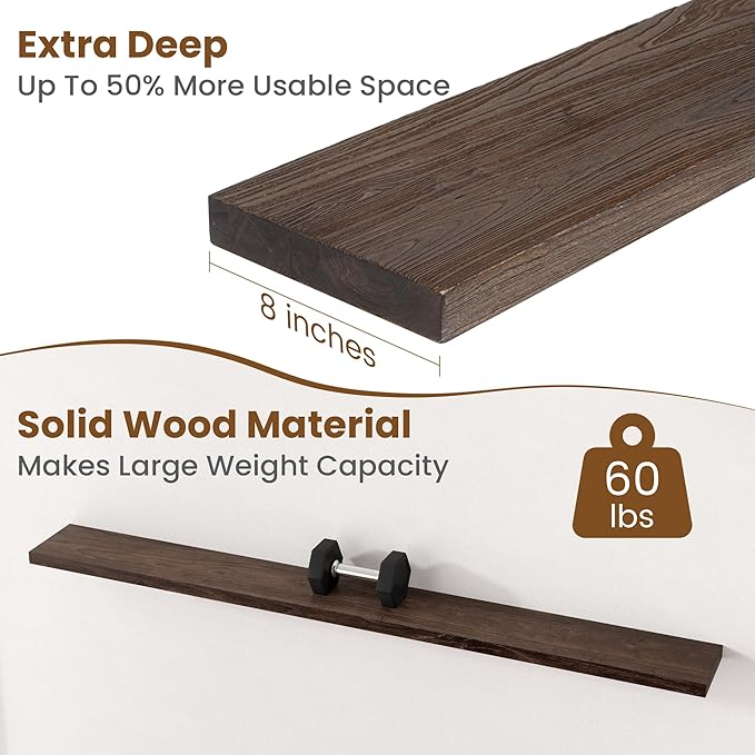 Floating Shelves for Wall Decor, 8 Inch Deep Rustic Solid Elm Wood Floating - Image 5