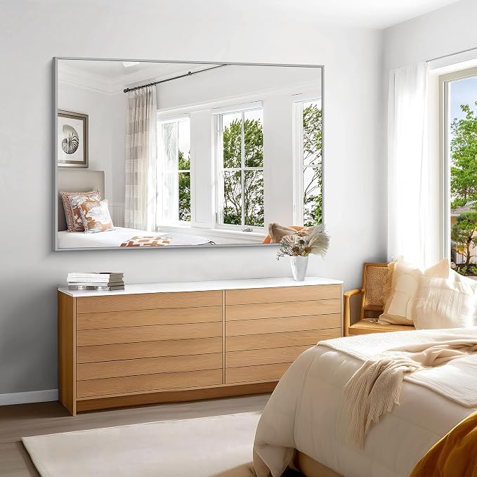 KOCUUY Silver Bathroom Mirror, HD Tempered Glass, Anti-Rust Brushed Silver Frame - Image 3
