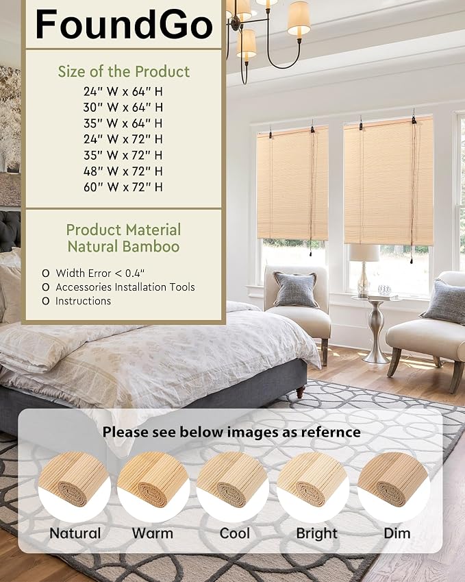 FoundGo Retro Bamboo Blinds 35" W x 72" H Bamboo Roman Shades Light Filtering - Image 2