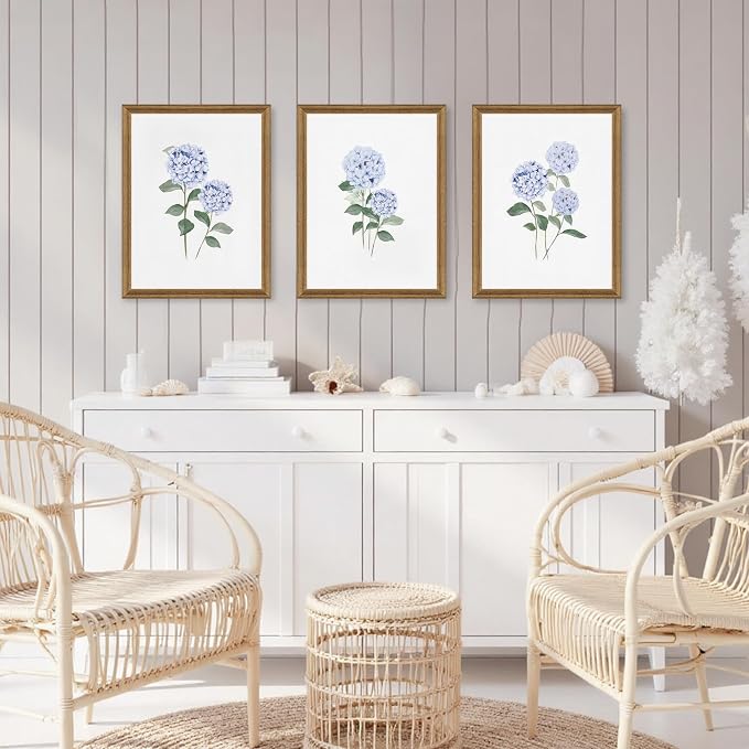 WRFON Blue Hydrangea Framed Wall Art Set of 3, Watercolor Floral Botanical - Image 2