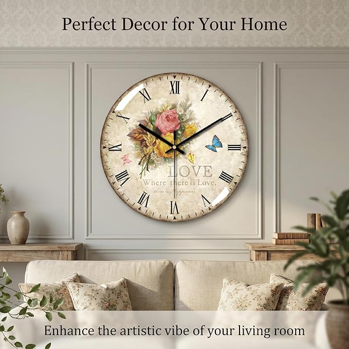 Decorative Wall Clock Battery Operated, 12-Inch Retro Vintage Floral Butterfly - Image 4