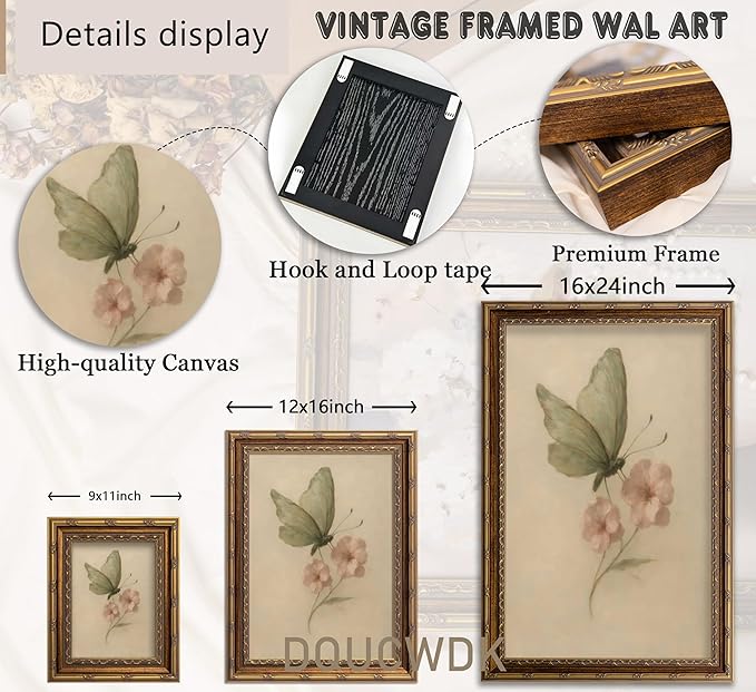 Vintage Gold Framed Wall Art, Retro Butterfly and Pink Flower Oil Painting - Image 5