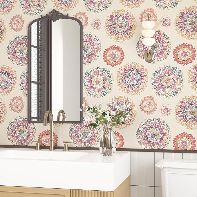 Boho Wallpaper Peel and Stick, Vintage Circle Floral Contact Paper, Abstact - Image 8