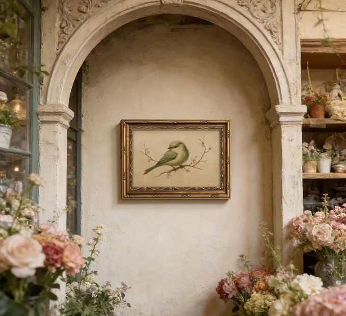 Vintage Gold Framed Wall Art Spring Bird Oil Painting Canvas Print Watercolor - Image 2